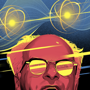 A bespectacled man reaches out to touch a chain of shining atoms.